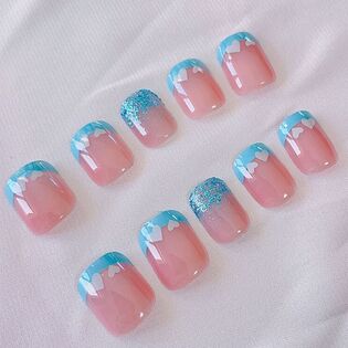 【24枚入】ネイルチップ フレンチネイル ピンク×ブルー系（タイプ：R481）