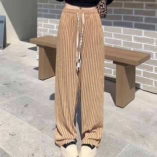 【キャメル】 ストライプワイドパンツ
