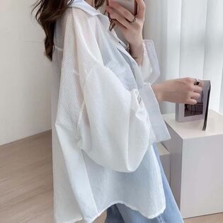 【ホワイト】シャツカーディガン 透け感ボーダー