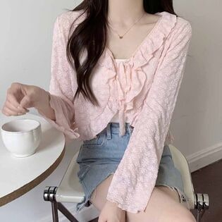 【ピンク】透かし編みサマーカーディガン