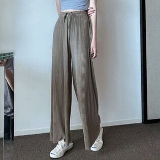 【グレー】ウエストゴム ラメプリーツワイドパンツ