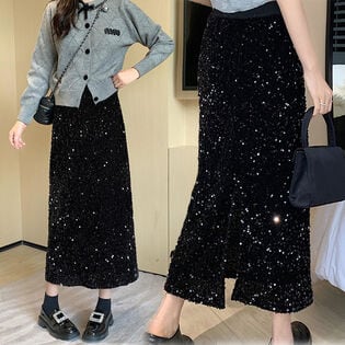 【ブラック】スパンコールミディ丈スカート