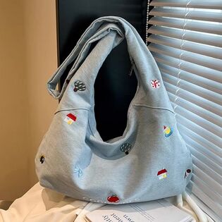 【ブルー】可愛いミニ刺繍がポイントのデニムショルダー