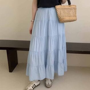 【ブルー】マキシ丈 ティアードスカート