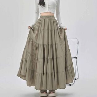 【オリーブ】マキシ丈 ティアードスカート