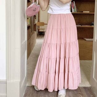 【ピンク】マキシ丈 ティアードスカート