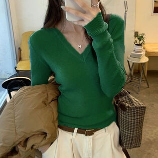 【グリーン】薄手 Vネックニットソー