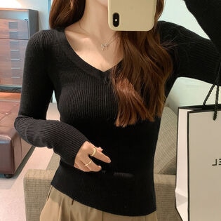 【ブラック】薄手 Vネックニットソー