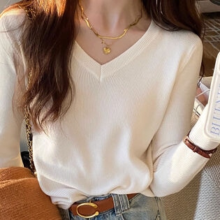 【ホワイト】薄手 Vネックニットソー