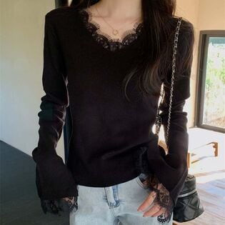【ブラック】レース切り替えニットセーター