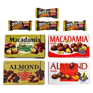 【4個】明治・ロッテ アーモンドチョコ マカダミアチョコセット（ブラックサンダーミニ4個おまけ付）