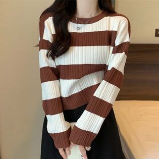 【ホワイトブラウン】ボーダー柄ニット