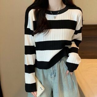 【ホワイトブラック】ボーダー柄ニット