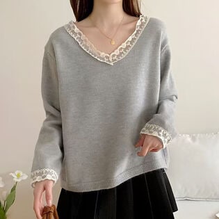 【グレー】レース切り替え Vネックニットトップス