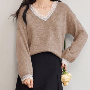 【キャメル】レース切り替え Vネックニットトップス
