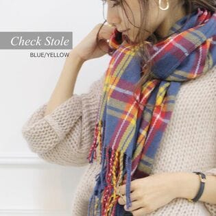 【ブルーイエロー/チェック】ストール　柔らかく巻きやすい 男女兼用