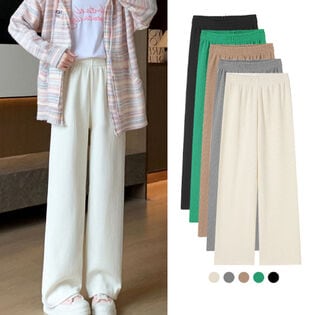 【ベージュ】裏起毛 ウエストゴムワイドパンツ