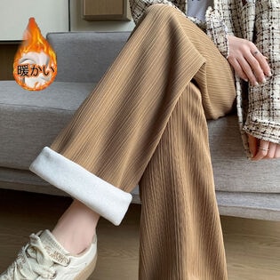 【キャメル】裏起毛 ウエストゴムワイドパンツ