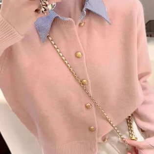 【ピンク】襟付き長袖ニットセーター