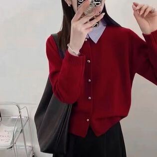 【ワインレッド】襟付き長袖ニットセーター