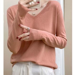 【ピンク】薄手Vネックニット
