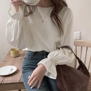 【ホワイト/Lサイズ】パフスリーブブラウス
