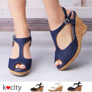 【春夏】Tストラップ 7.5cmヒール サンダル ウェッジソール