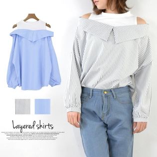 重ね着風ストライプ柄オフショルシャツTシャツ