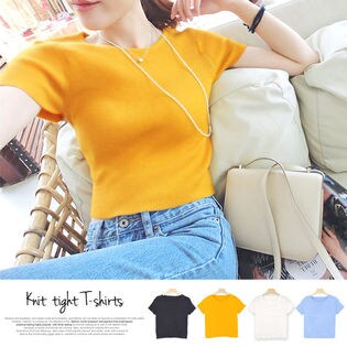 伸縮性ラウドネックぴちニットTシャツ レディーストップス