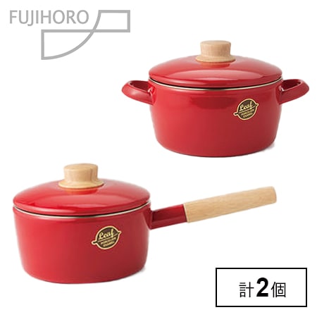FUJIHORO 富士ホーロー 赤 16cm 両手鍋 レシピ本付き 計2個[16cm/1.6Lソースパン＆20cm/3L両手鍋]富士ホーロー(FUJIHORO