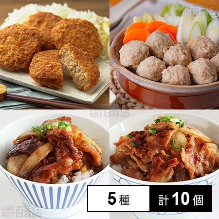[冷凍]【5種計10個】国産牛豚鶏肉使用の厳選お肉料理セット(メンチカツ/生ハンバーグ/肉だんご/豚丼の具/生姜焼き丼の具)