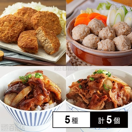 [冷凍]【5種計5個】国産牛豚鶏肉使用の厳選お肉料理セット(メンチカツ/生ハンバーグ/肉だんご/豚丼の具/生姜焼き丼の具)