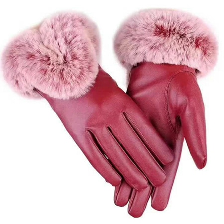 【レッド】スマホ対応！PUレザーフェイクファー手袋