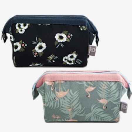 【フラワー柄（ブラック）+フラミンゴ柄】ファスナーポーチセット