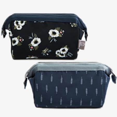 【フラワー柄（ブラック）+フェザー柄】ファスナーポーチセット