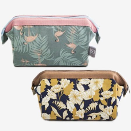 【フラミンゴ柄+フラワー柄（ブラウン）】ファスナーポーチセット