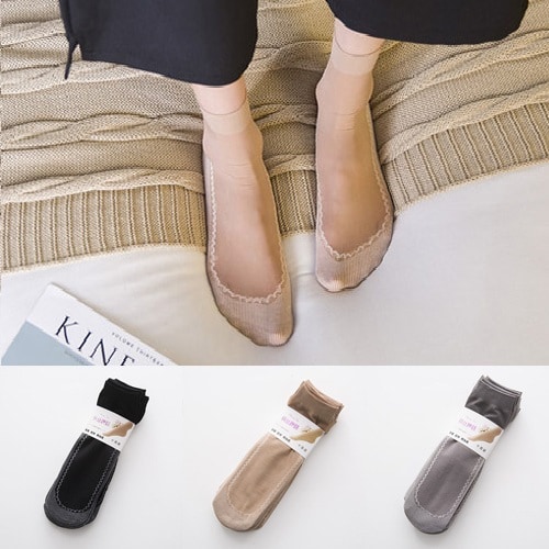 【ベージュ×5足セット】縦ライン入りおしゃれなレディースショートストッキング