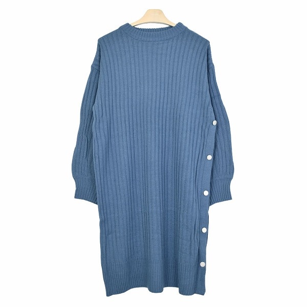 サイドボタン付洗えるワイドリブニットチュニックワンピ