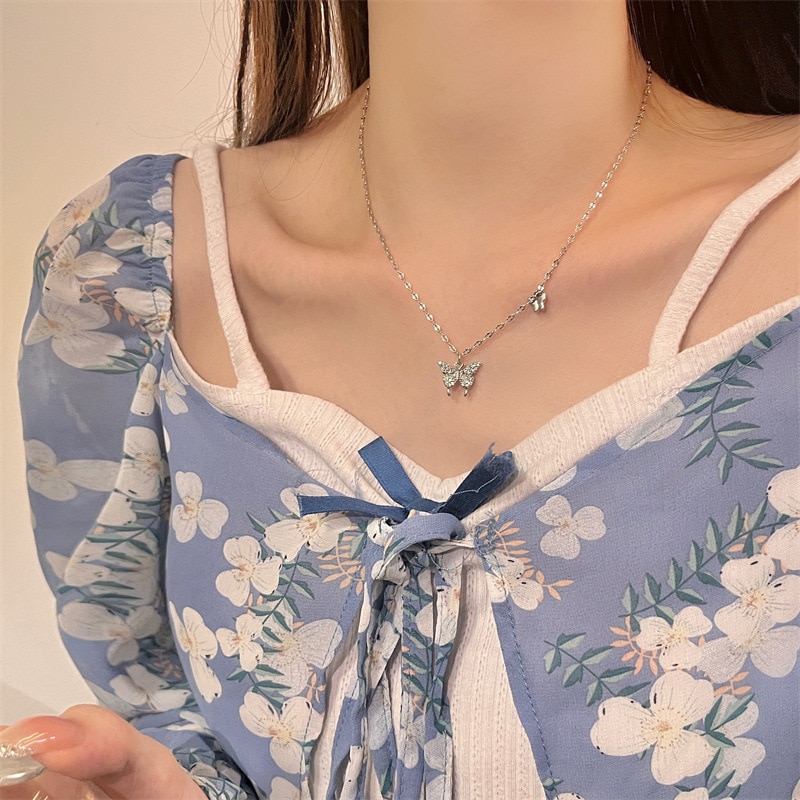 シルバー/F】バタフライモチーフストーンネックレス 9661を税込・送料
