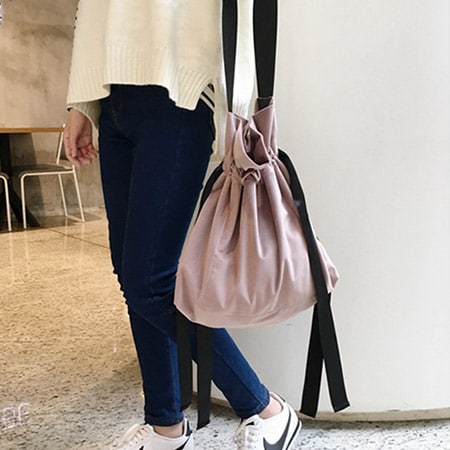 【ピンク】リボン巾着ベロアトート