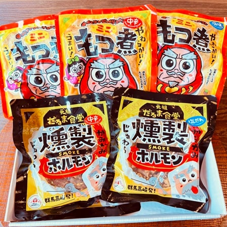 【群馬】だるま食堂のおつまみセット（もつ煮 3種・燻製ホルモン 2種/各1パック）