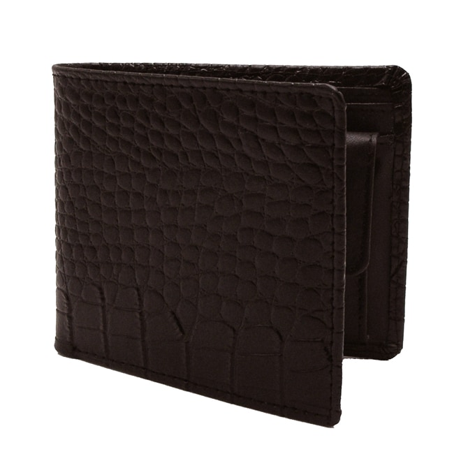 クロコ型押し牛革折財布　ダークブラウン
