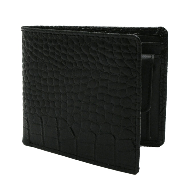クロコ型押し牛革折財布　ブラック