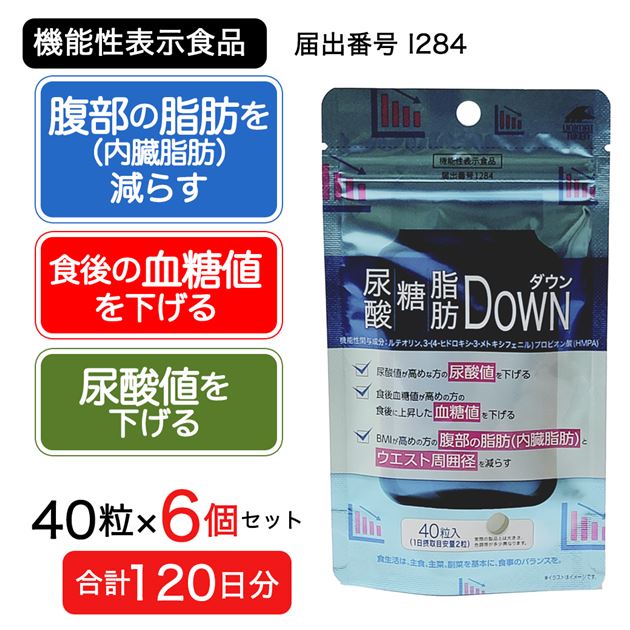 【120日分(6個セット)】尿酸・糖・脂肪ダウン 40粒 [機能性表示食品]