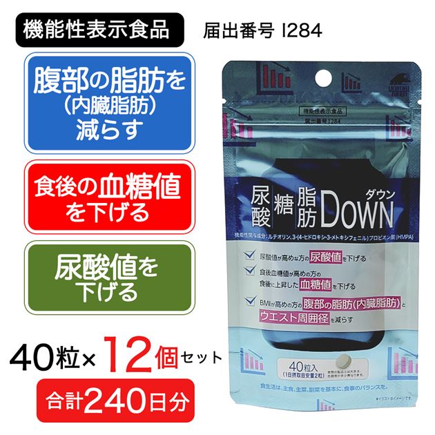 【240日分(12個セット)】尿酸・糖・脂肪ダウン 40粒 [機能性表示食品]