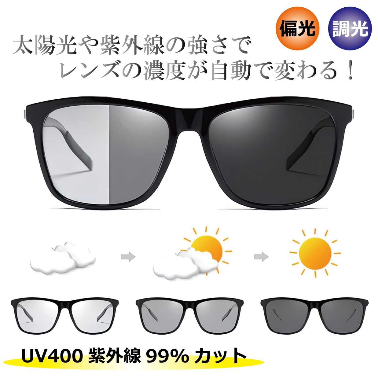 調光・偏光サングラス（ウェリントンタイプ）