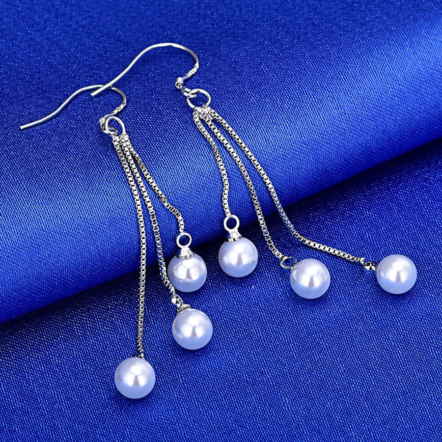 【シルバー】揺れるロングパール3連 フックピアス