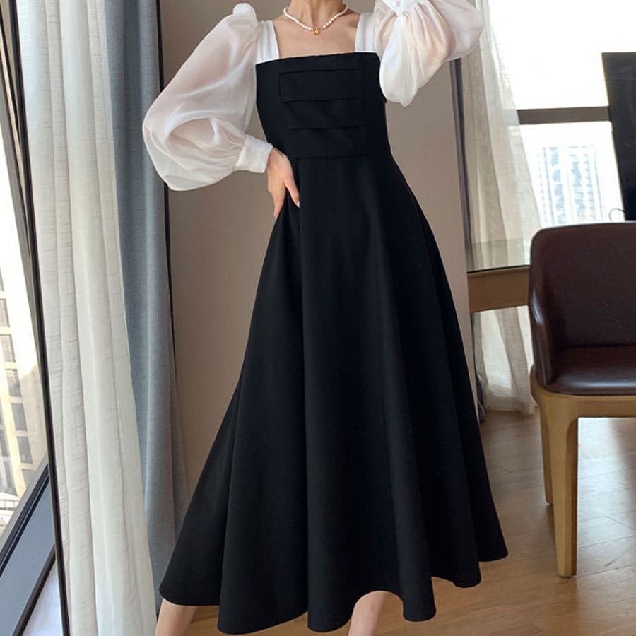 【ブラック】パフスリーブ フレアワンピース