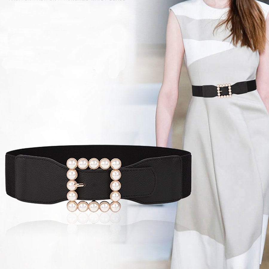 【ブラック】フェイクパール 幅広ゴムベルト