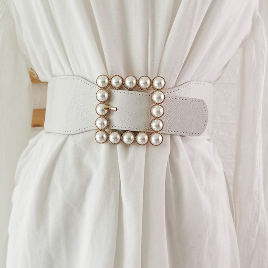 【ホワイト】フェイクパール 幅広ゴムベルト